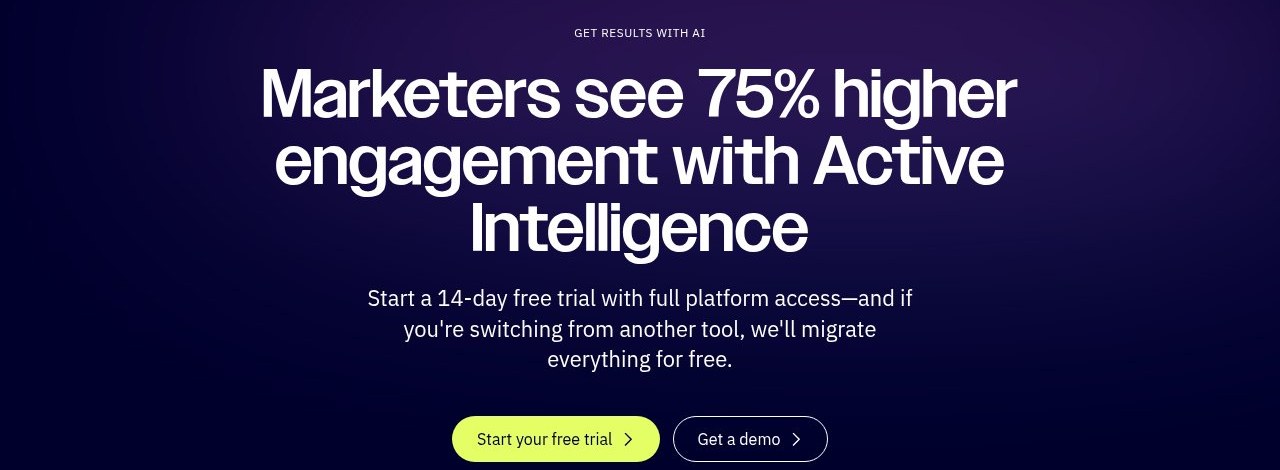 De AI-pagina van ActiveCampaign met de 75%-engagementclaim en de gratis proefperiode.