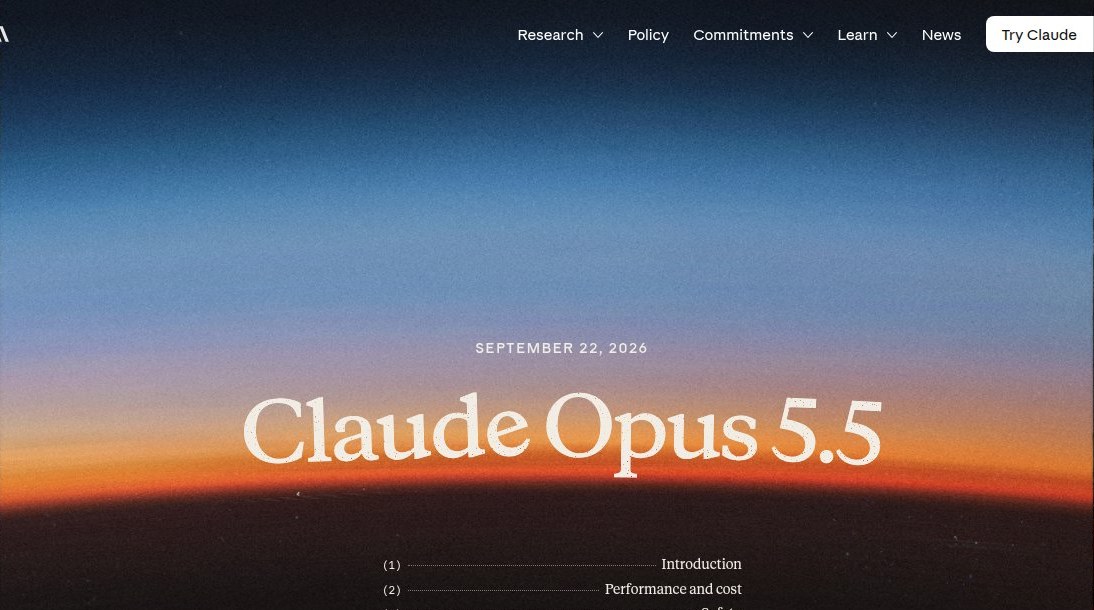 De aankondigingspagina van Claude Opus 5.5 (22 september 2026).