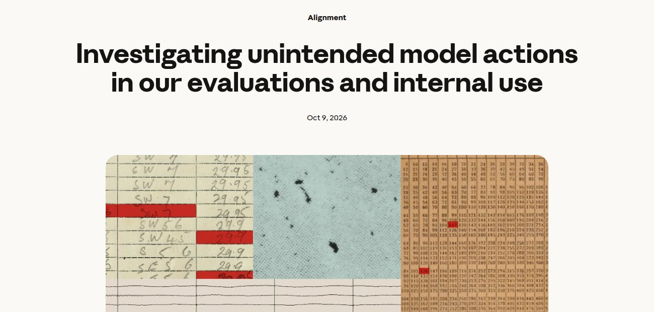 Het rapport van Anthropic: Investigating unintended model actions in our evaluations and internal use, gepubliceerd op 9 oktober 2026.