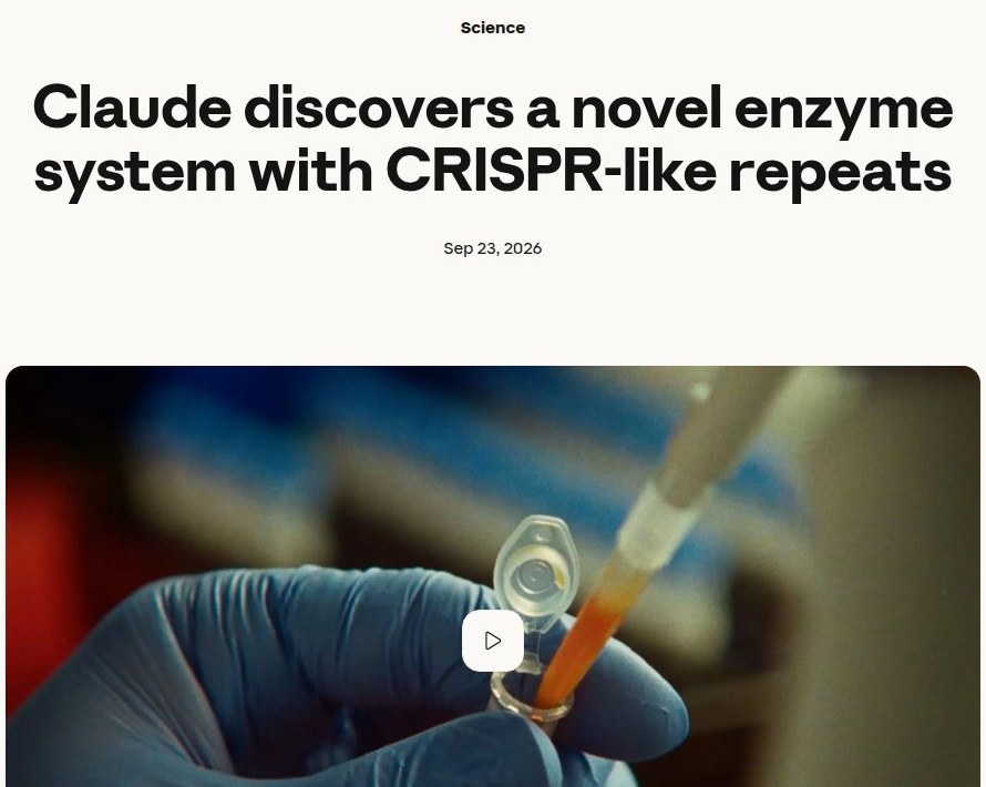De aankondiging van Anthropic: Claude discovers a novel enzyme system with CRISPR-like repeats.