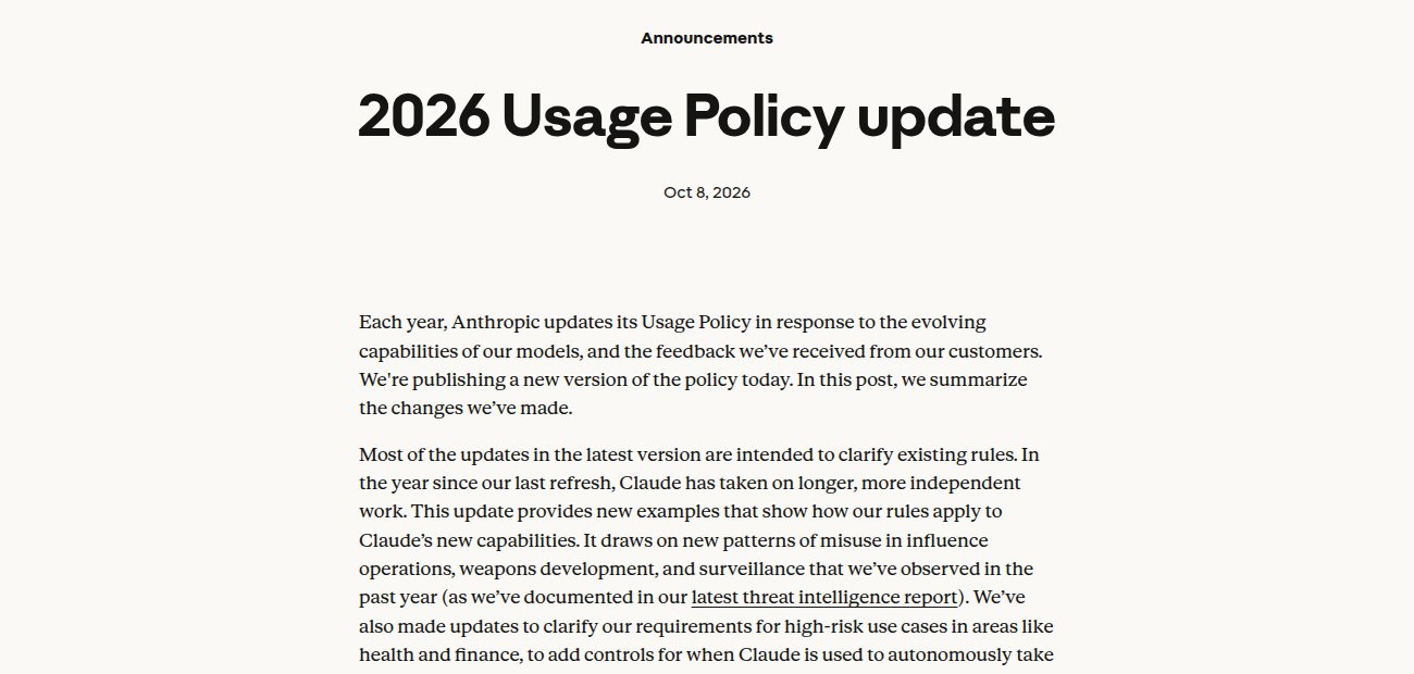 Screenshot van het nieuwsbericht '2026 Usage Policy update' van Anthropic, gedateerd 8 oktober 2026, waarin het bedrijf de wijzigingen aan de gebruiksregels van Claude samenvat.