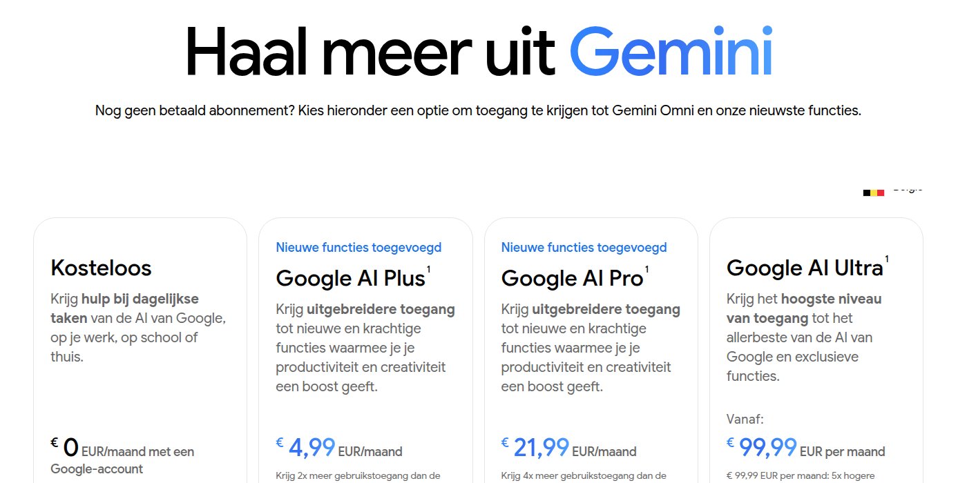 De Belgische abonnementspagina van Gemini met de plannen Kosteloos, Google AI Plus, Google AI Pro en Google AI Ultra en hun prijzen in euro.