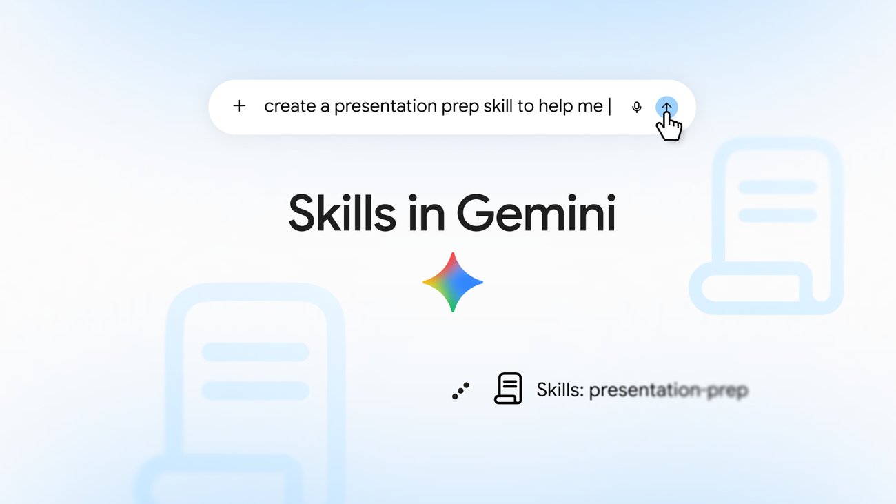 Zoekbalk met de opdracht 'create a presentation prep skill to help me' boven de tekst 'Skills in Gemini'.