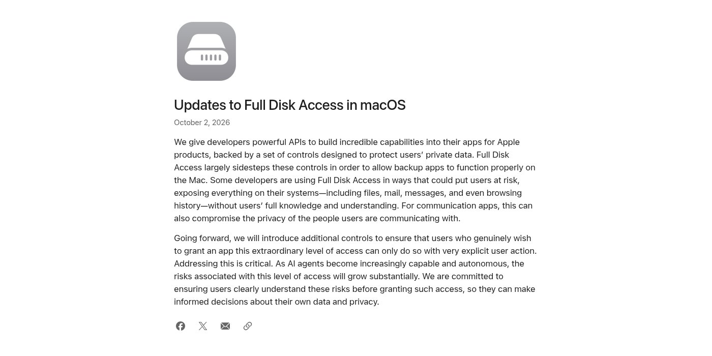 Screenshot van Apples ontwikkelaarsbericht 'Updates to Full Disk Access in macOS' van 2 oktober 2026, waarin Apple extra controles aankondigt omdat AI-agents het risico van die toegang vergroten.