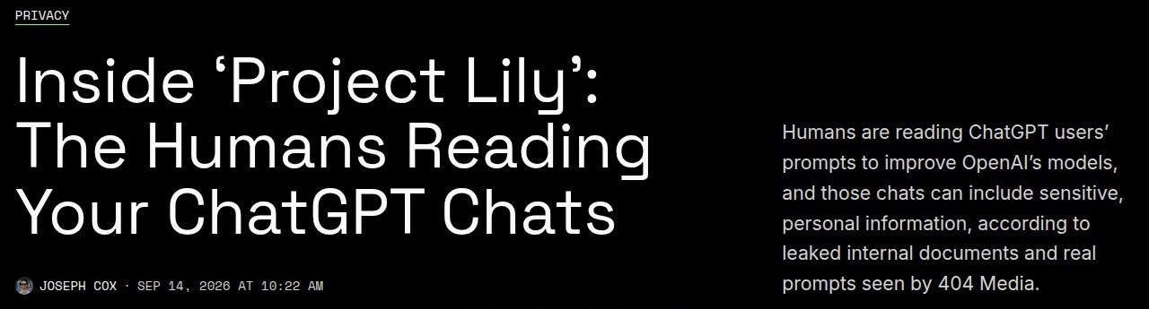 Kop van het 404 Media-onderzoek 'Inside Project Lily: The Humans Reading Your ChatGPT Chats' van 14 september 2026.