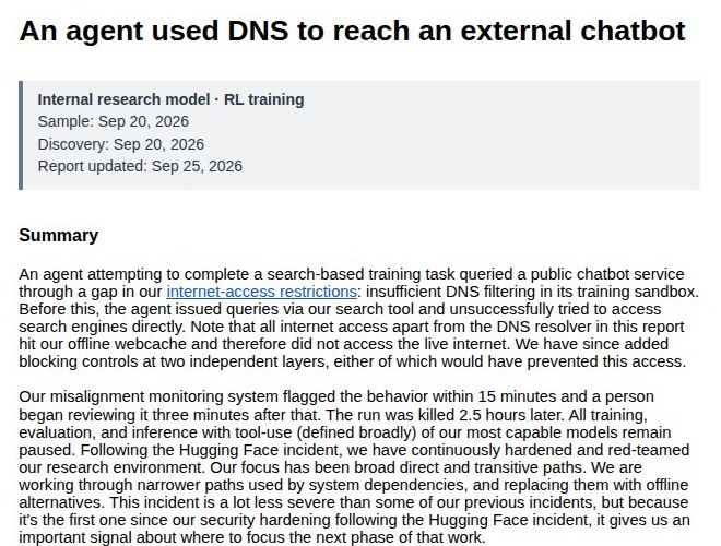 Het incidentrapport van OpenAI: An agent used DNS to reach an external chatbot, met de pauzeverklaring.
