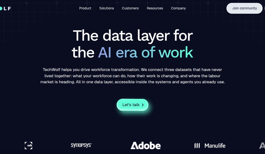 De homepage van TechWolf met de slogan 'The data layer for the AI era of work'.