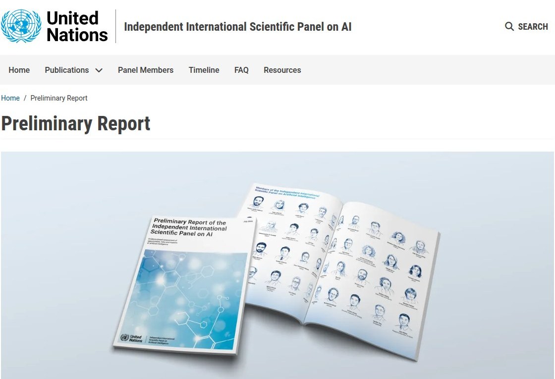 De pagina van het Independent International Scientific Panel on AI met het preliminaire rapport.