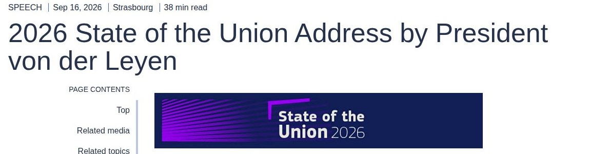 De State of the Union 2026-toespraak van Ursula von der Leyen op de site van de Europese Commissie.